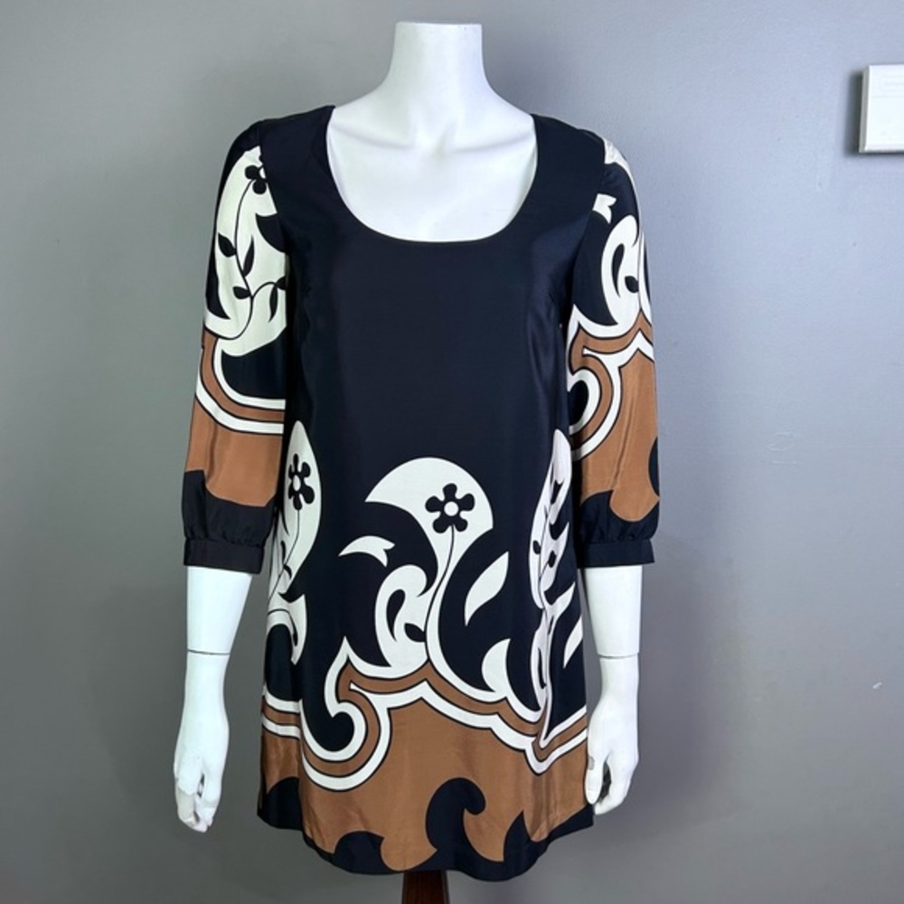 Tibi dress size 2 long sleeve‎ y2k pattern silk black babydoll 70's scarf Mod